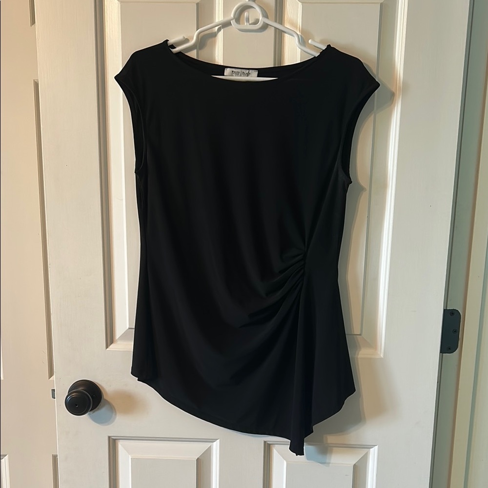 White House Black Market Asymmetrical Ruched Black Blouse